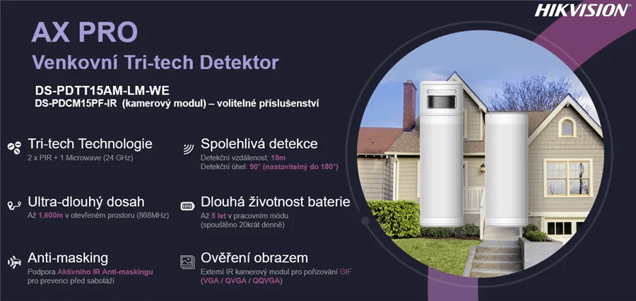 AX PRO venkovní bezdrátový duální PIR+MW detektor (DS-PDTT15AM-LM-WE) - Obrázek 2